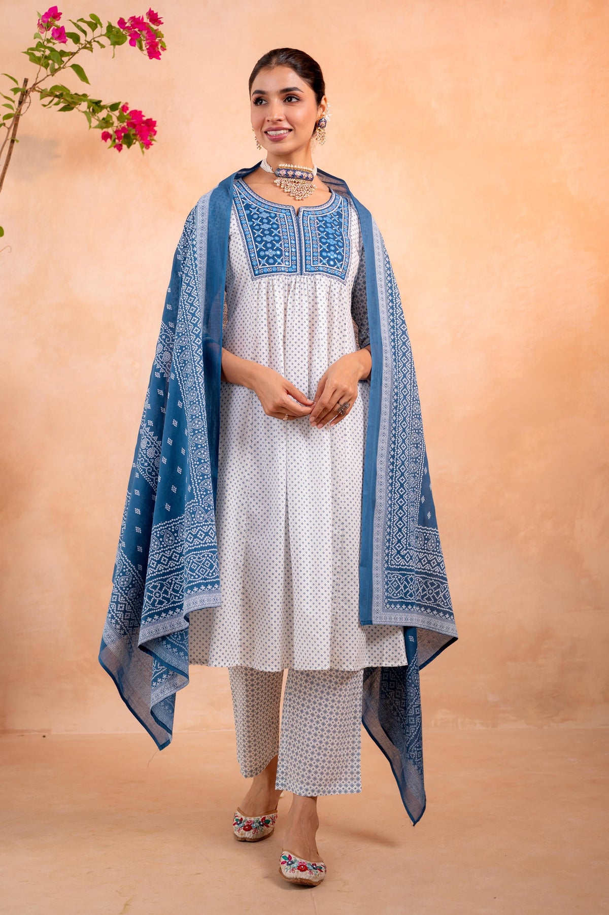 Juniper Blue & White Viraasat Printed Kurta Pant And Dupatta Set with Dupatta | Grocsy