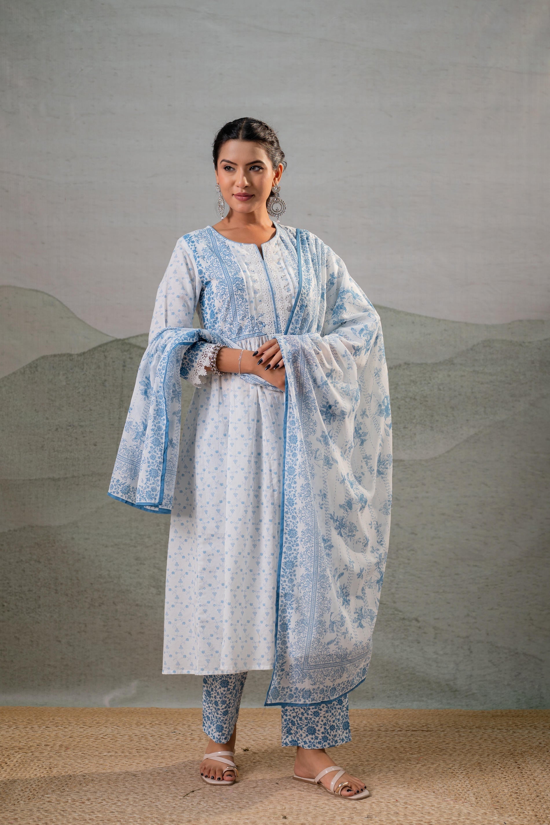 Juniper Neelambar Skyblue Printed Flared Kurta Pant And Dupatta Set | Grocsy