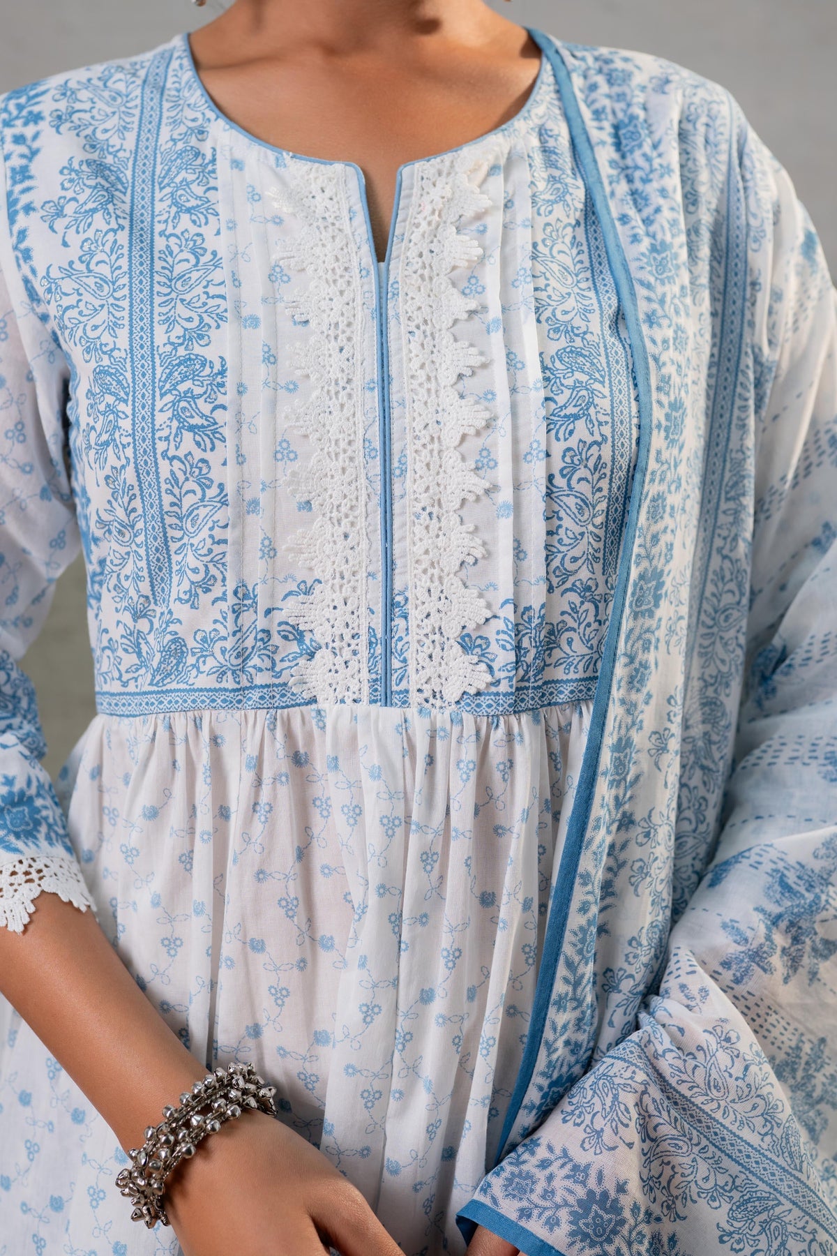Juniper Neelambar Skyblue Printed Flared Kurta Pant And Dupatta Set | Grocsy