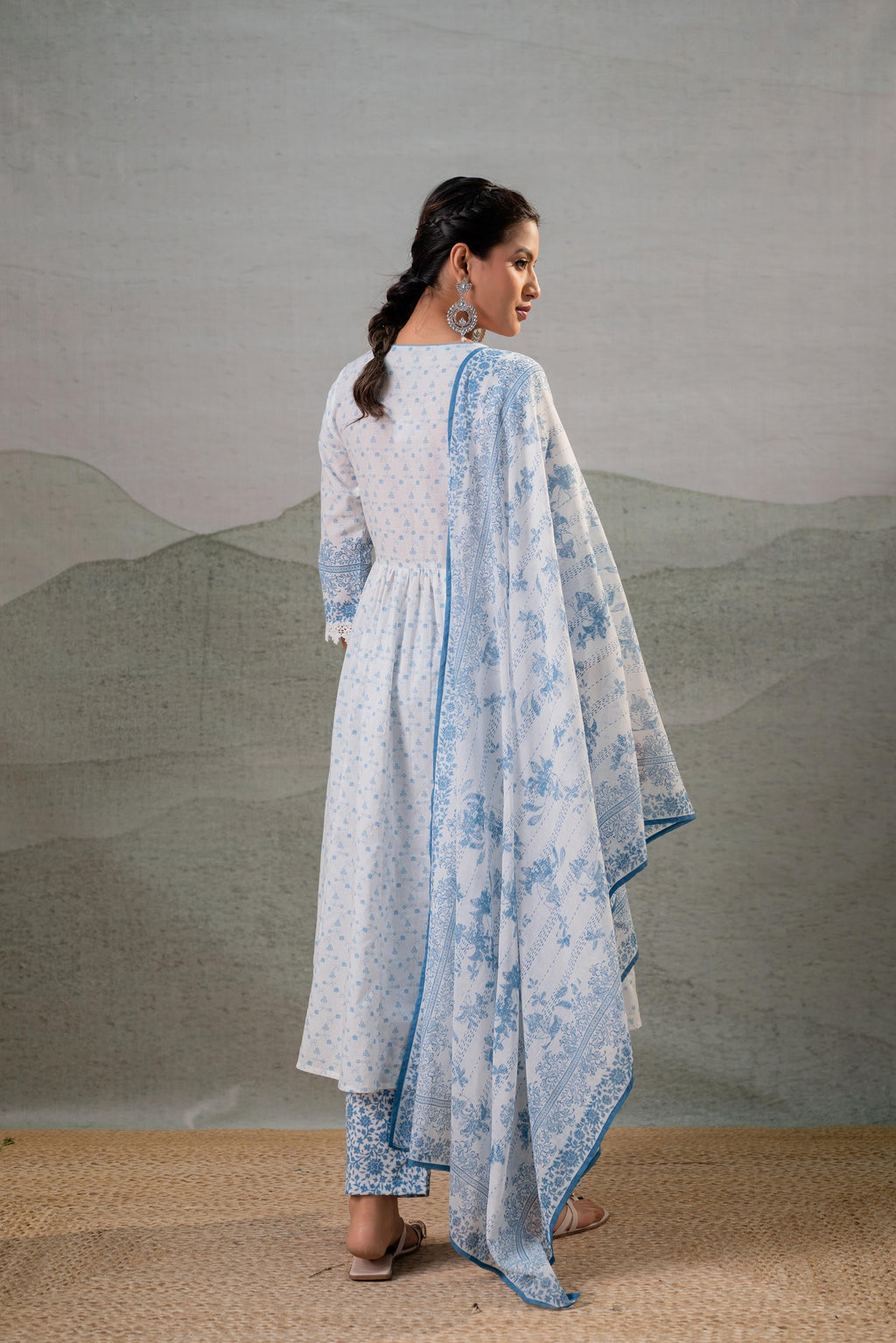 Juniper Neelambar Skyblue Printed Flared Kurta Pant And Dupatta Set | Grocsy