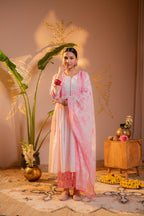 Juniper Gulnaar Pink Printed Flared Kurta Pant And Dupatta Set | Grocsy
