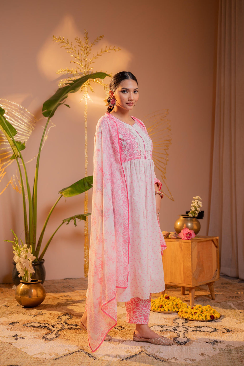 Juniper Gulnaar Pink Printed Flared Kurta Pant And Dupatta Set | Grocsy