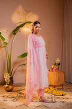 Juniper Gulnaar Pink Printed Flared Kurta Pant And Dupatta Set | Grocsy