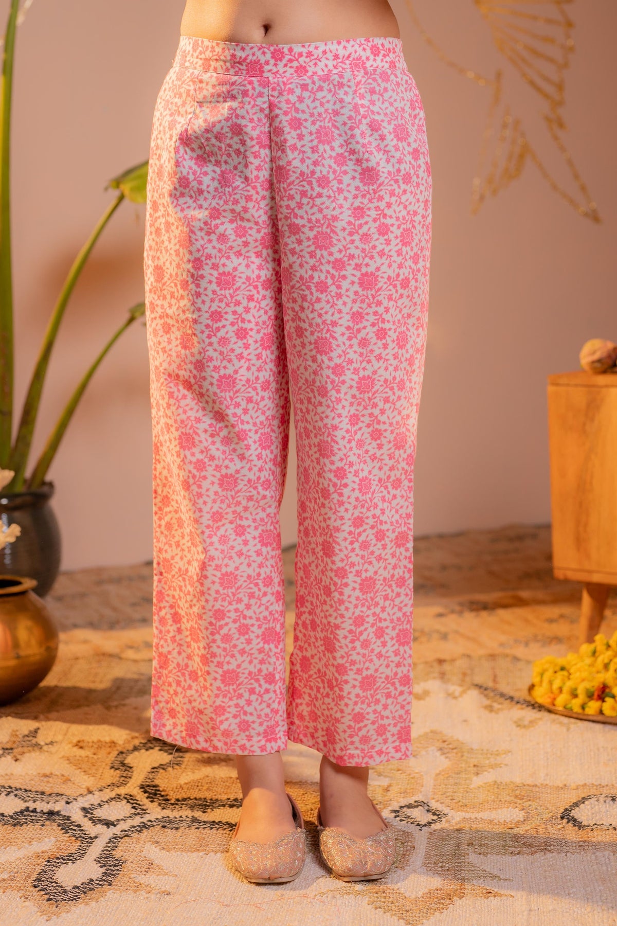Juniper Gulnaar Pink Printed Flared Kurta Pant And Dupatta Set | Grocsy