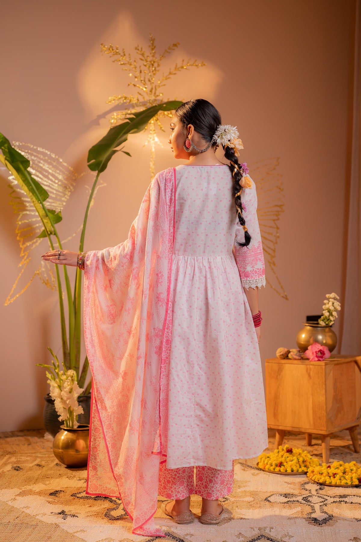 Juniper Gulnaar Pink Printed Flared Kurta Pant And Dupatta Set | Grocsy