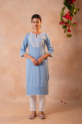 Juniper Sky Blue Yoke Printed Kurta | Grocsy