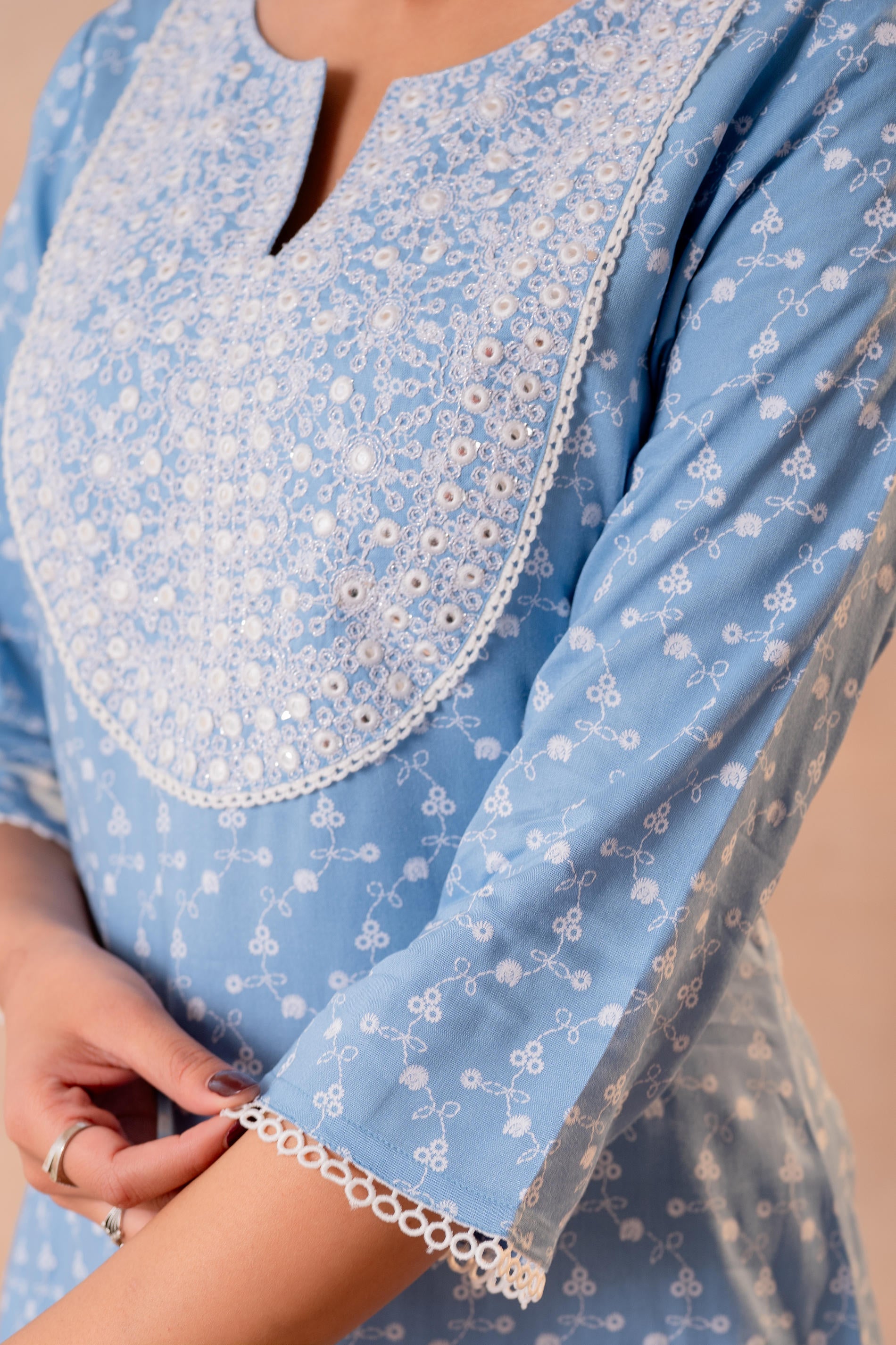 Juniper Sky Blue Yoke Printed Kurta | Grocsy