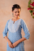 Juniper Sky Blue Yoke Printed Kurta | Grocsy
