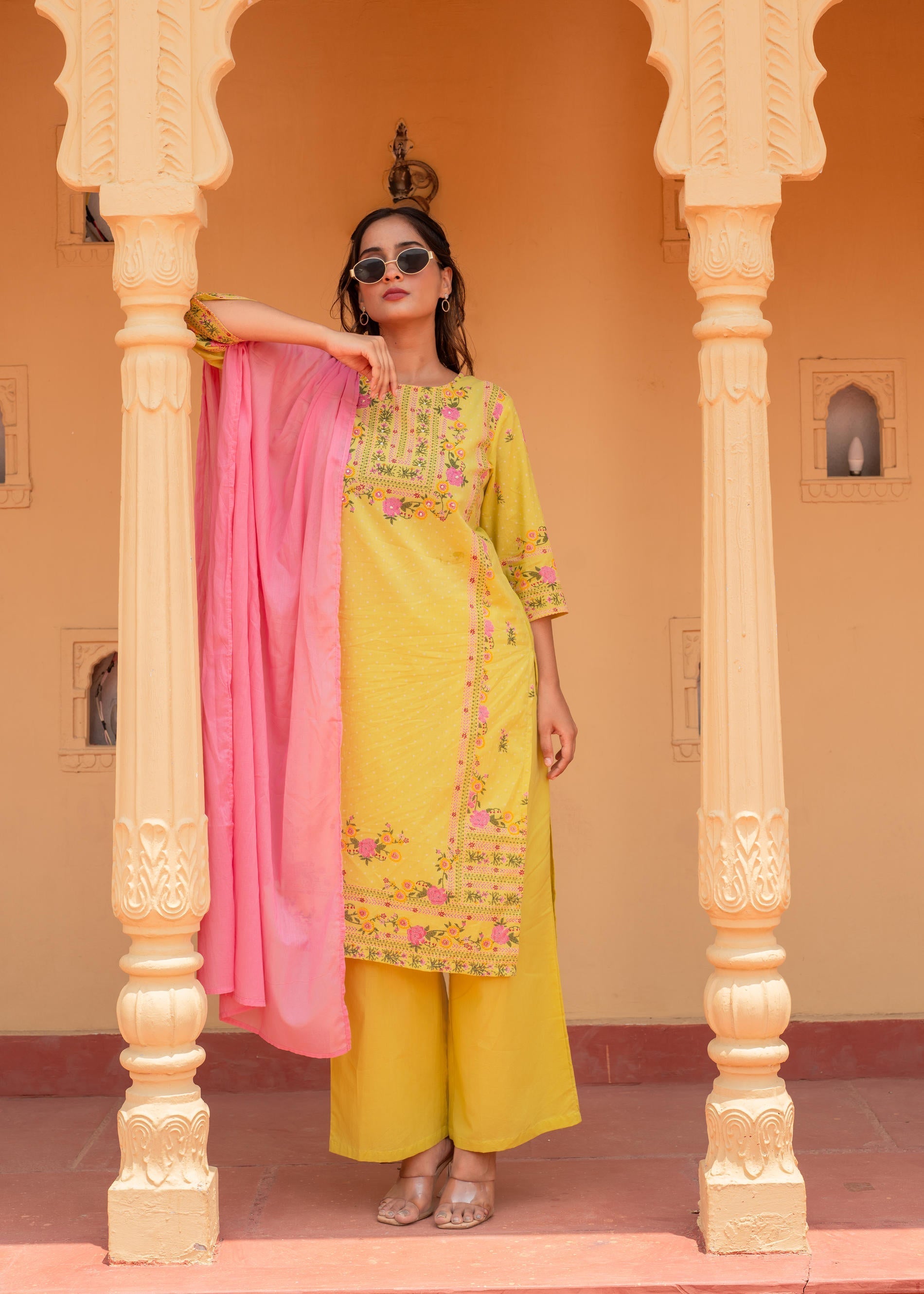 Juniper Floral Printed Lime Kurta Set | Grocsy