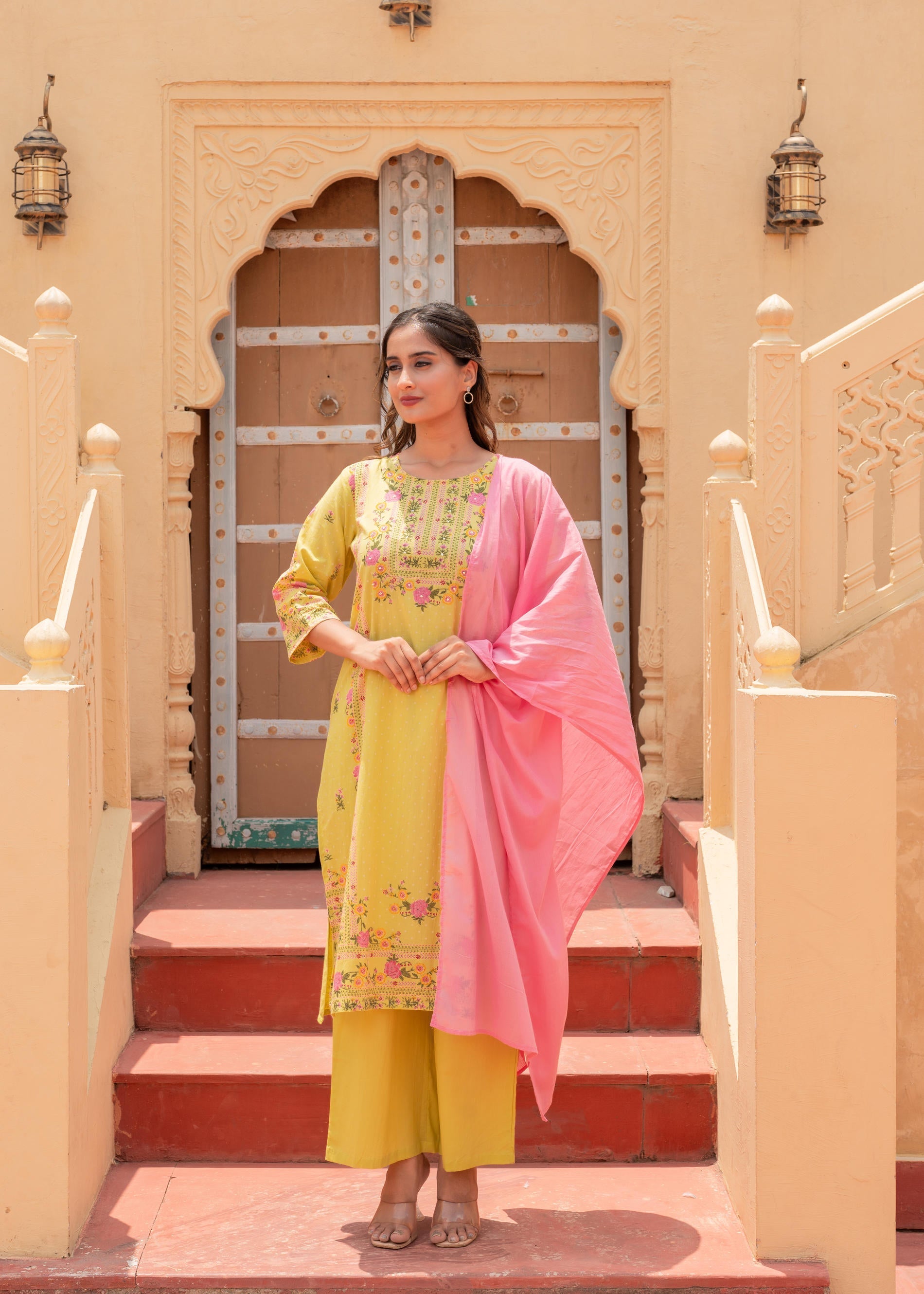 Juniper Floral Printed Lime Kurta Set | Grocsy