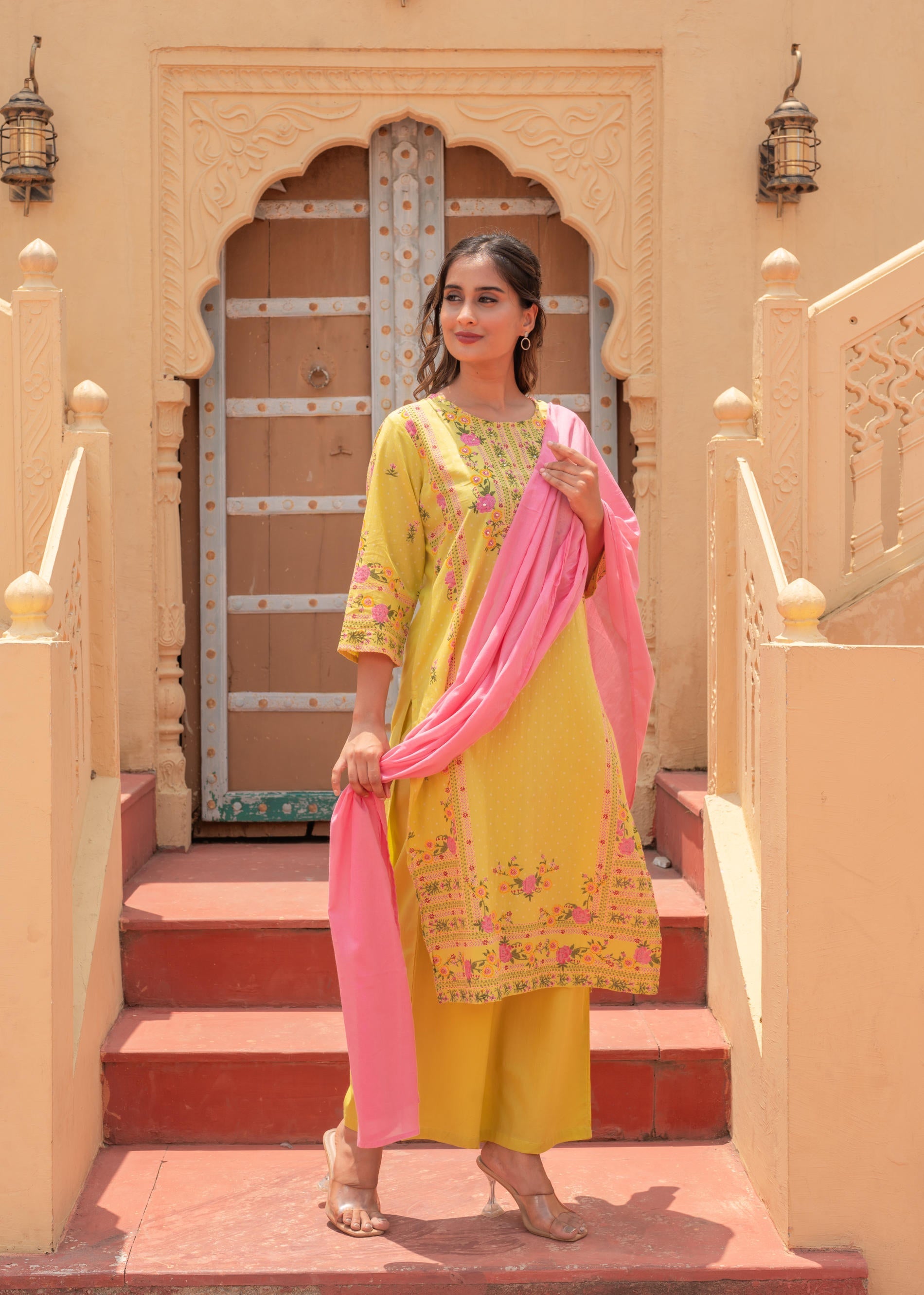 Juniper Floral Printed Lime Kurta Set | Grocsy