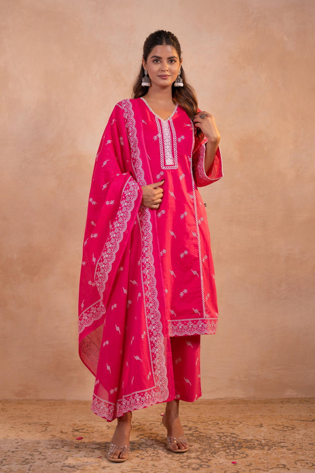 Juniper Gulbahar Fuchsia Printed Kurta Pant And Dupatta Set | Grocsy