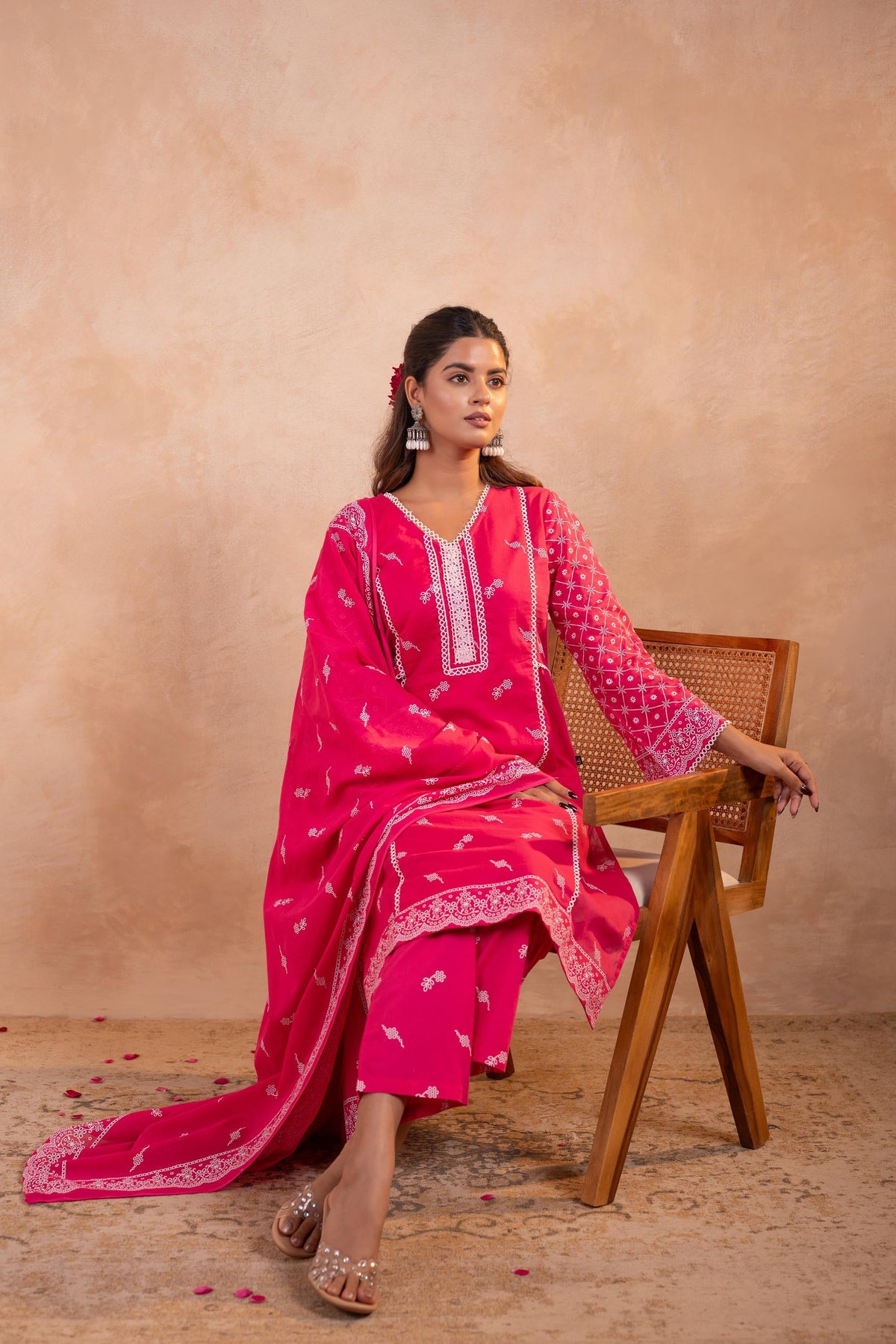 Juniper Gulbahar Fuchsia Printed Kurta Pant And Dupatta Set | Grocsy