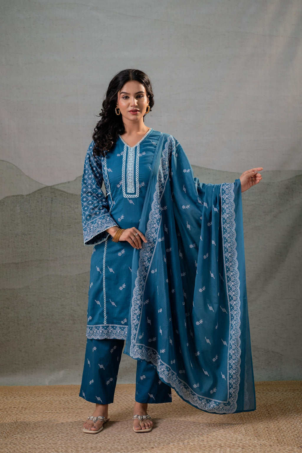 Juniper NeelraIndigo Teal Printed Kurta Pant And Dupatta Set | Grocsy