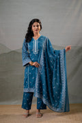 Juniper NeelraIndigo Teal Printed Kurta Pant And Dupatta Set | Grocsy
