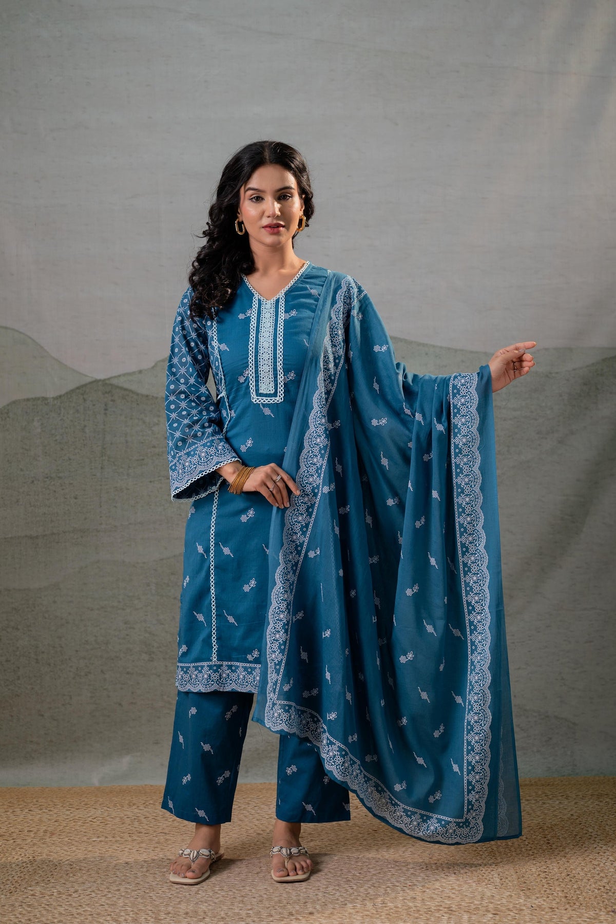 Juniper NeelraIndigo Teal Printed Kurta Pant And Dupatta Set | Grocsy