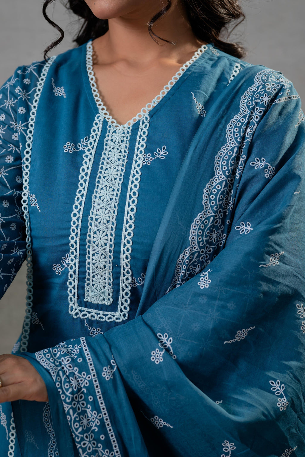Juniper NeelraIndigo Teal Printed Kurta Pant And Dupatta Set | Grocsy