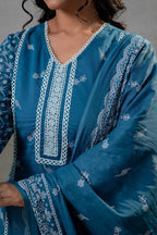 Juniper NeelraIndigo Teal Printed Kurta Pant And Dupatta Set | Grocsy