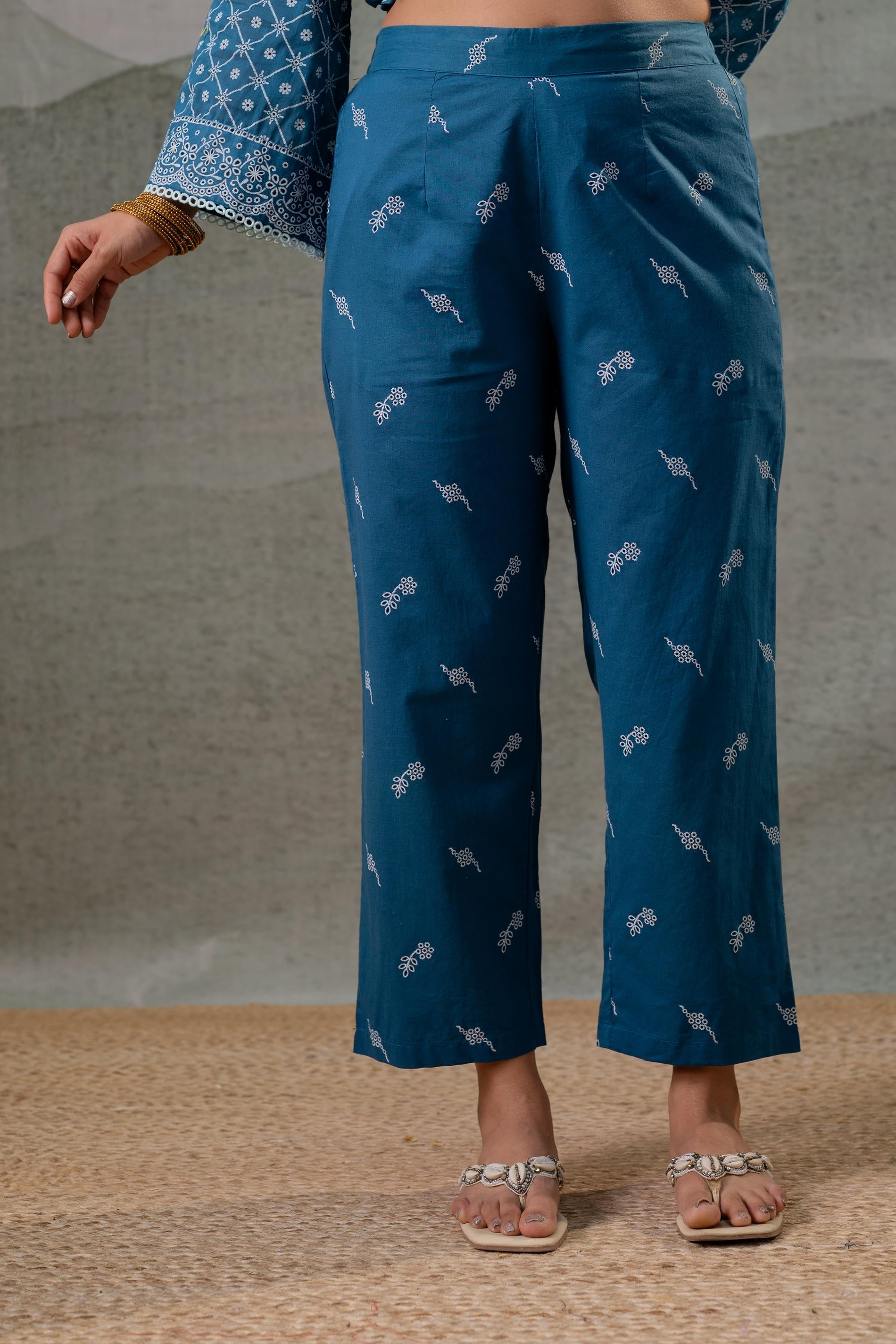 Juniper NeelraIndigo Teal Printed Kurta Pant And Dupatta Set | Grocsy