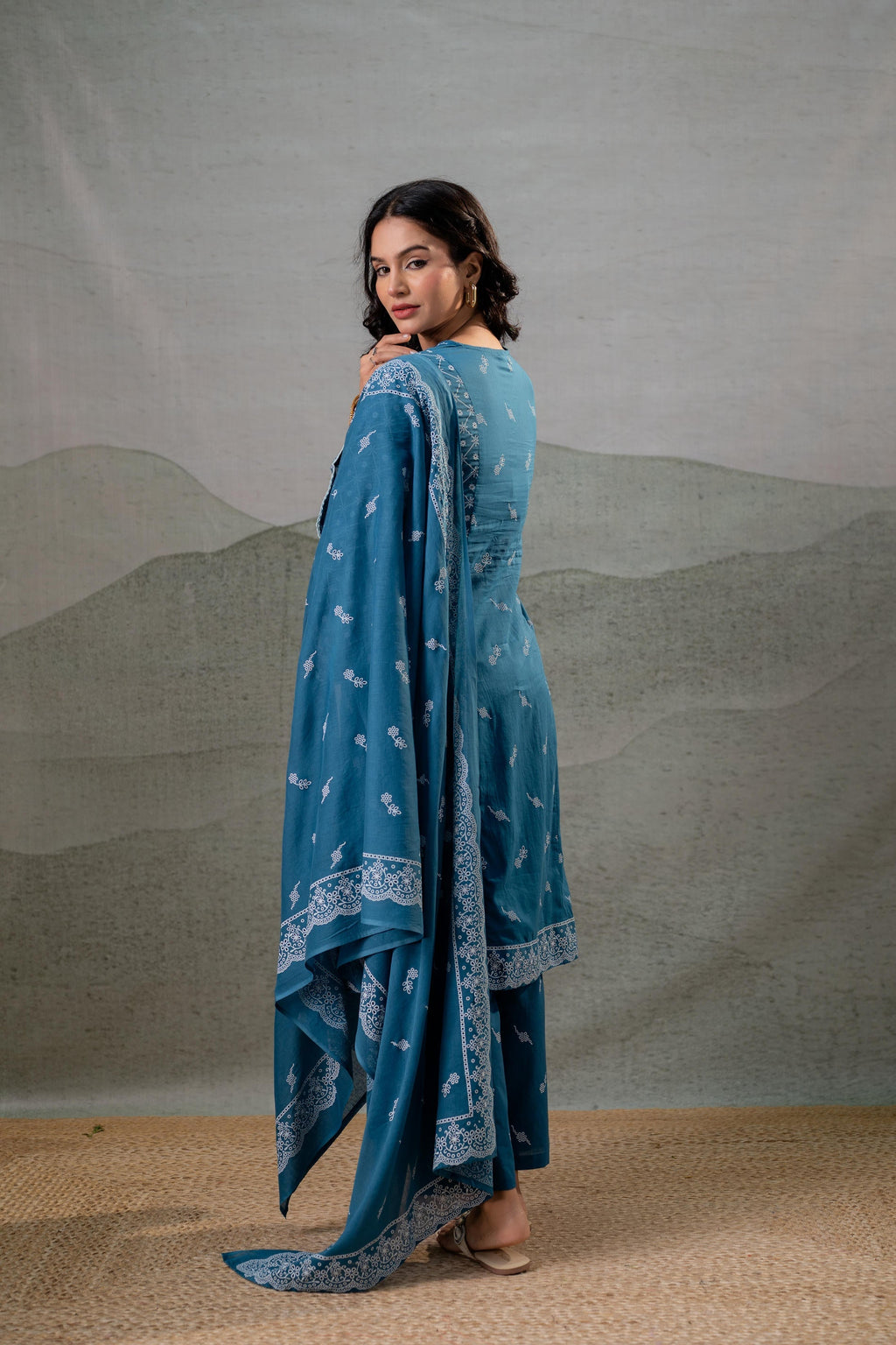 Juniper NeelraIndigo Teal Printed Kurta Pant And Dupatta Set | Grocsy