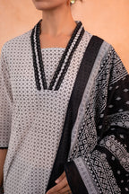 Juniper Noir Ikat Echo Black & White Printed Kurta Pant And Dupatta Set | Grocsy