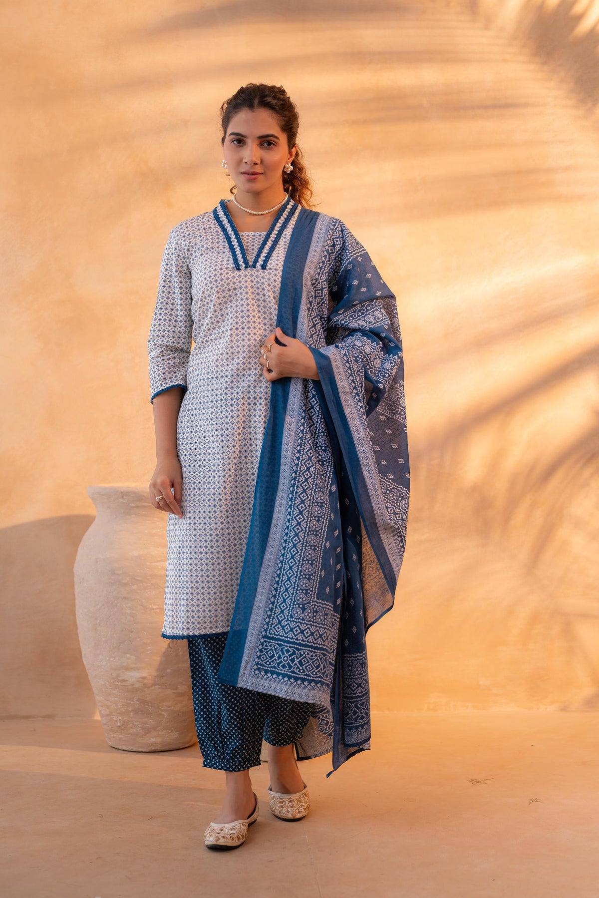 Juniper Noir Ikat Echo Blue & White Printed Kurta Pant And Dupatta Set | Grocsy