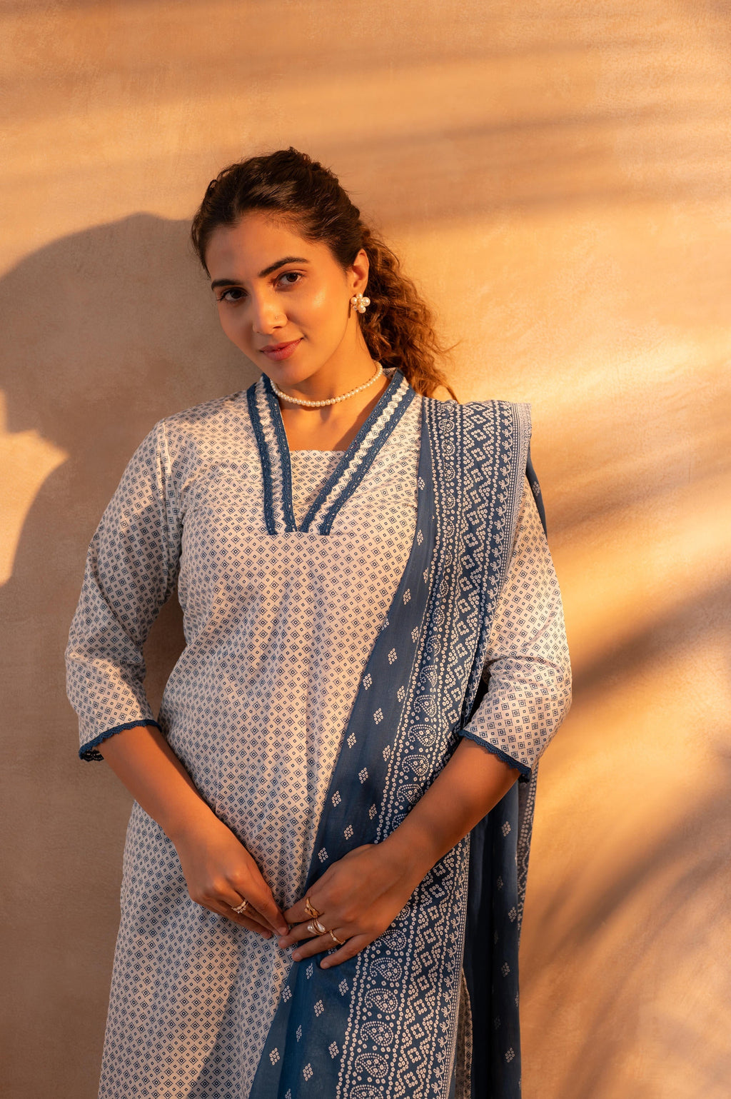 Juniper Noir Ikat Echo Blue & White Printed Kurta Pant And Dupatta Set | Grocsy