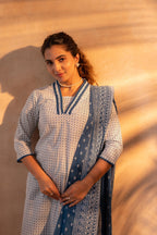 Juniper Noir Ikat Echo Blue & White Printed Kurta Pant And Dupatta Set | Grocsy