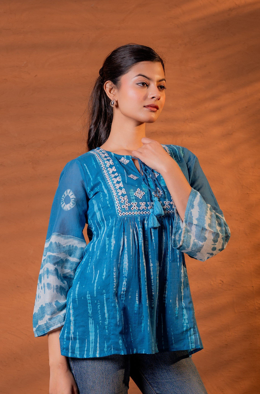 Juniper Indigo Teal Blue Tie-Dye Printed Yoke Tunic with Flared Sleeves | Grocsy