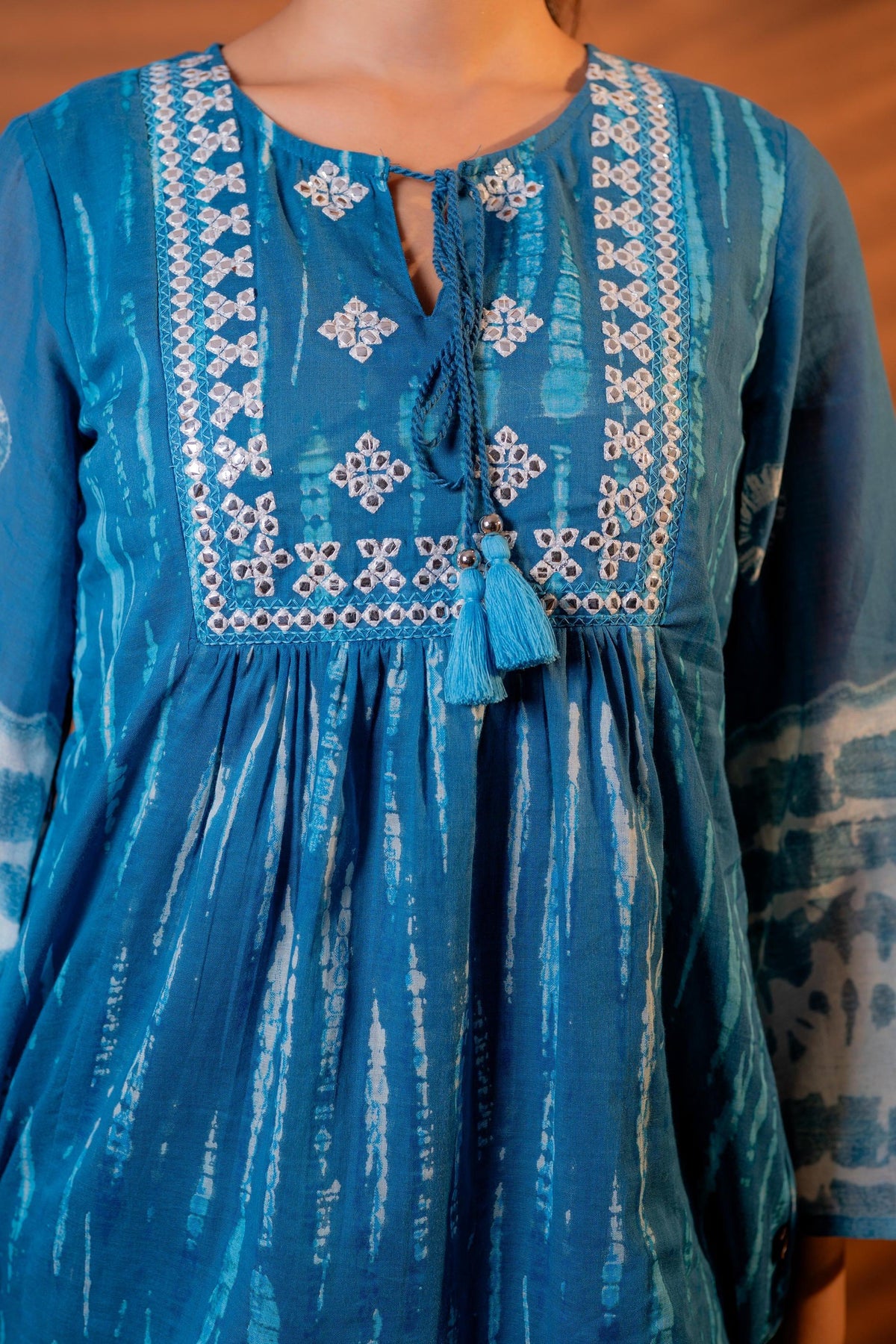 Juniper Indigo Teal Blue Tie-Dye Printed Yoke Tunic with Flared Sleeves | Grocsy