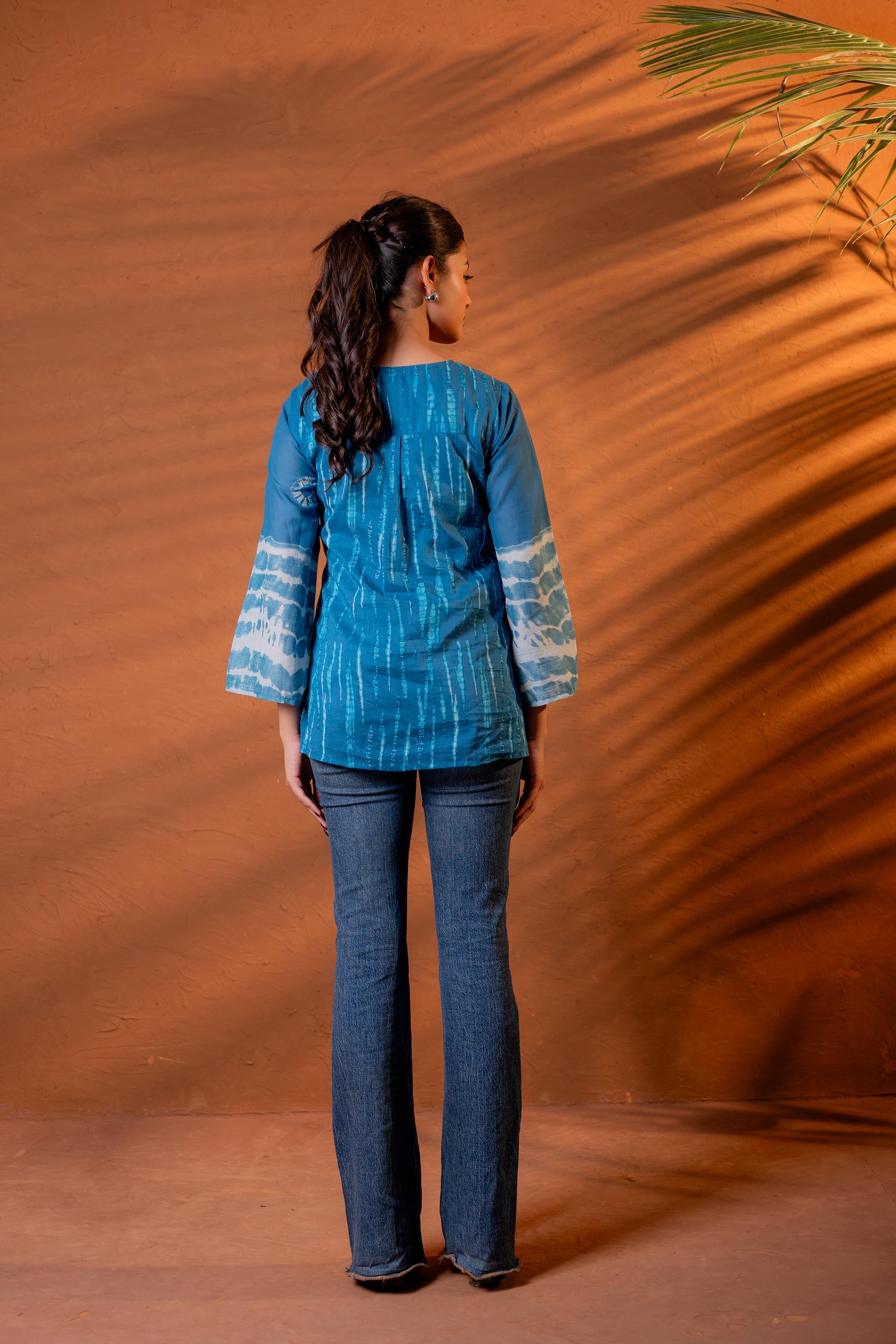 Juniper Indigo Teal Blue Tie-Dye Printed Yoke Tunic with Flared Sleeves | Grocsy
