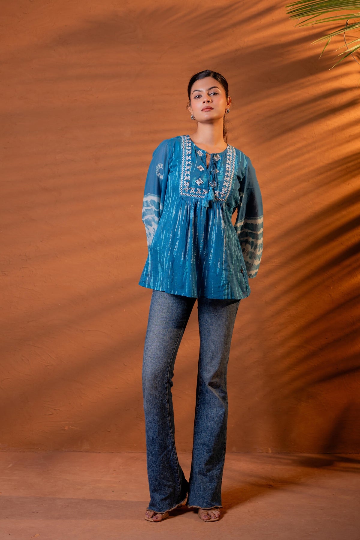 Juniper Indigo Teal Blue Tie-Dye Printed Yoke Tunic with Flared Sleeves | Grocsy