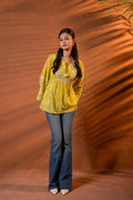Juniper Lime Yellow Tie-Dye Printed Yoke Tunic with Flared Sleeves | Grocsy