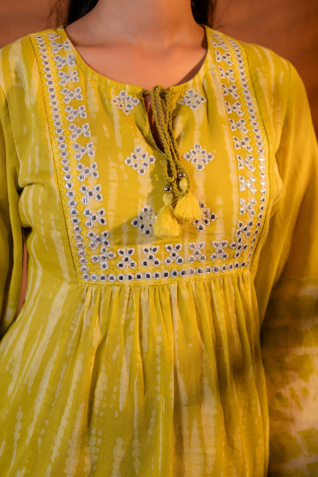 Juniper Lime Yellow Tie-Dye Printed Yoke Tunic with Flared Sleeves | Grocsy