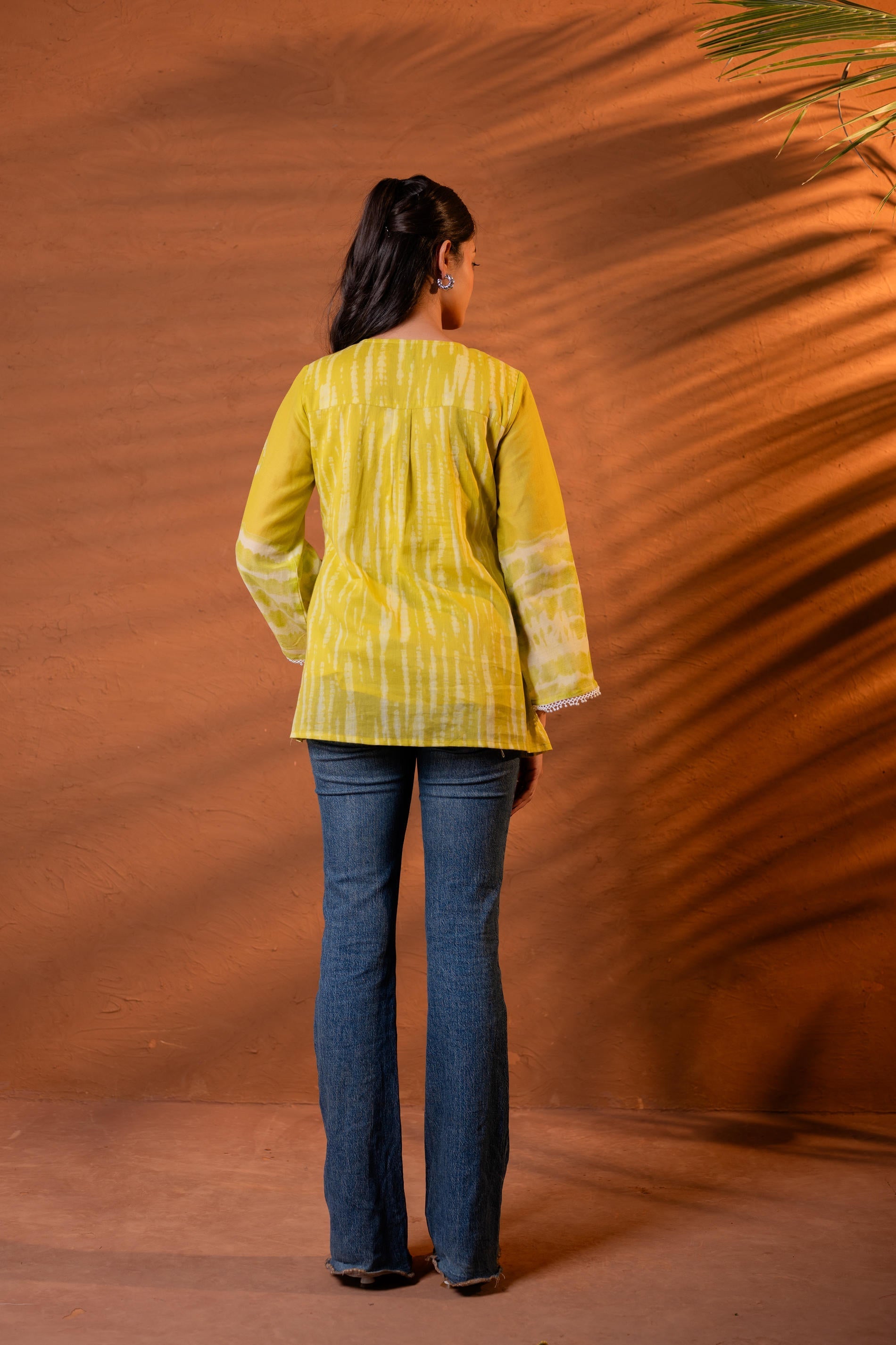 Juniper Lime Yellow Tie-Dye Printed Yoke Tunic with Flared Sleeves | Grocsy