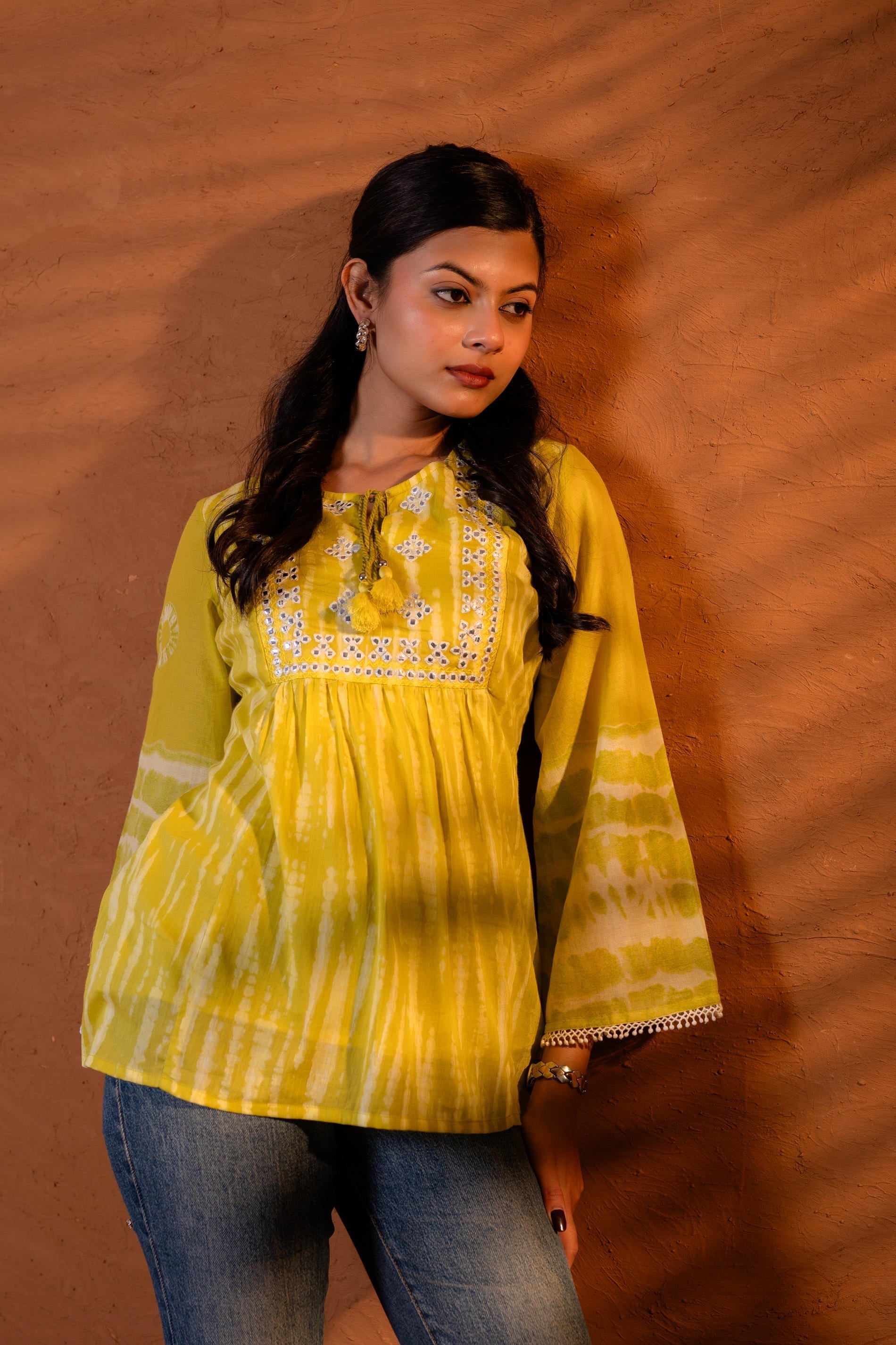 Juniper Lime Yellow Tie-Dye Printed Yoke Tunic with Flared Sleeves | Grocsy