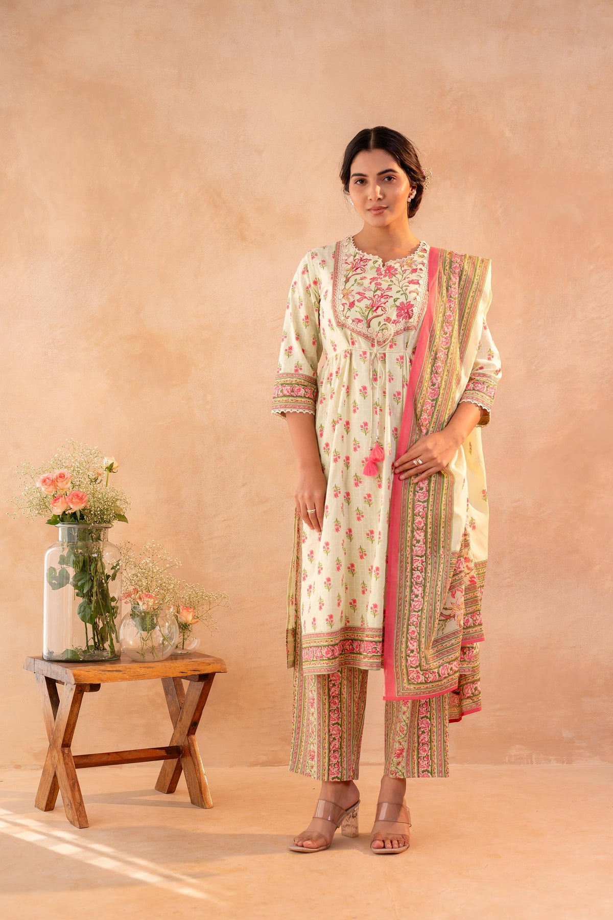 Juniper Gulnaar Garden Printed Kurta Pant And Dupatta Set | Grocsy