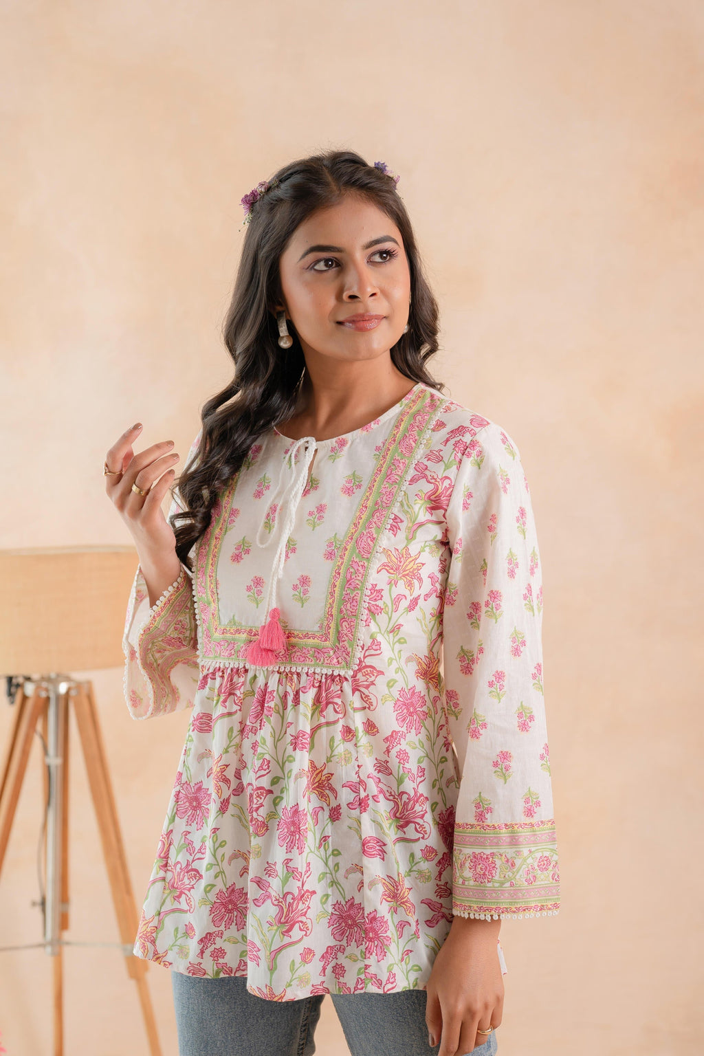 Juniper Off-White & Pink Floral Printed Gathered Ethnic Tunic with Lace Yoke | Grocsy