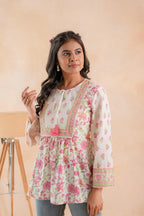 Juniper Off-White & Pink Floral Printed Gathered Ethnic Tunic with Lace Yoke | Grocsy