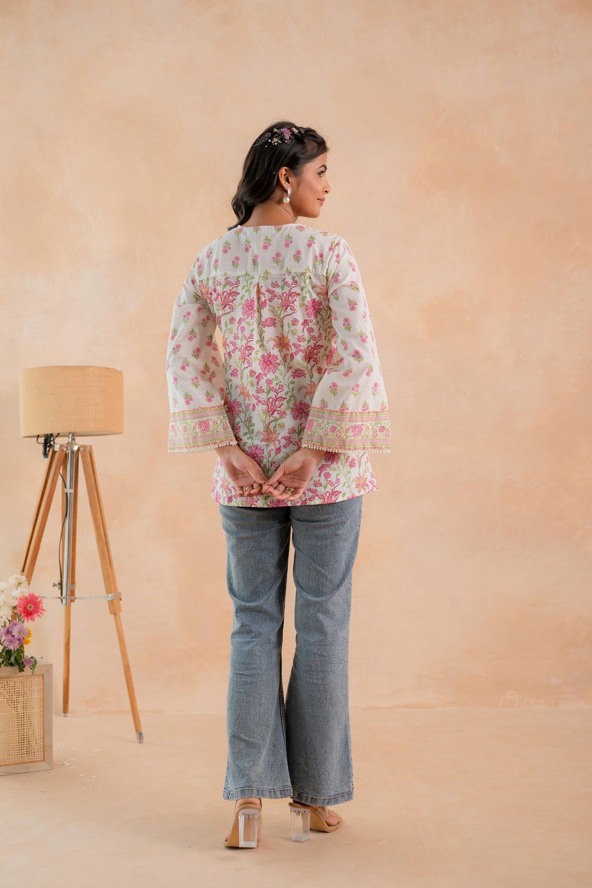 Juniper Off-White & Pink Floral Printed Gathered Ethnic Tunic with Lace Yoke | Grocsy