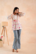 Juniper Off-White & Pink Floral Printed Gathered Ethnic Tunic with Lace Yoke | Grocsy