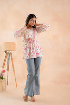 Juniper Off-White & Pink Floral Printed Gathered Ethnic Tunic with Lace Yoke | Grocsy
