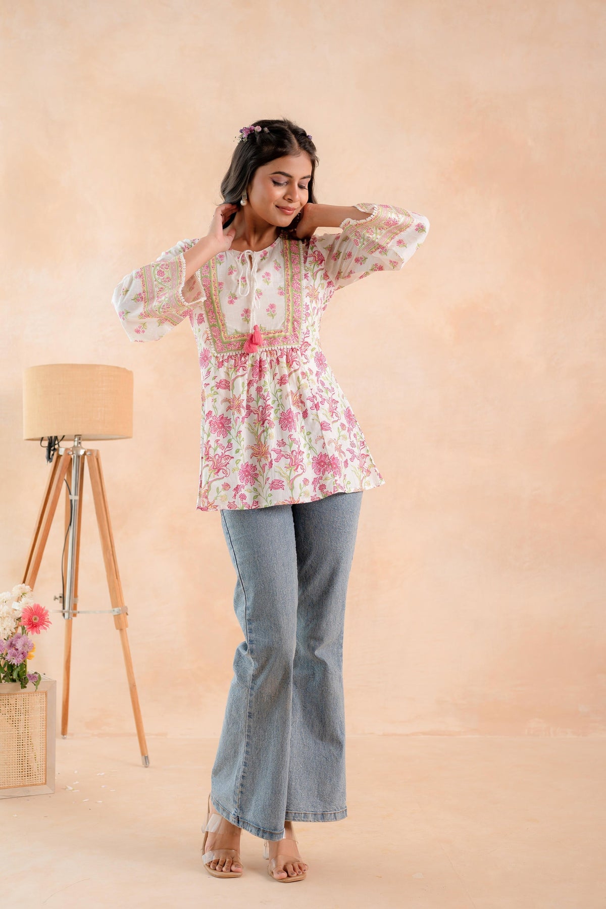 Juniper Off-White & Pink Floral Printed Gathered Ethnic Tunic with Lace Yoke | Grocsy