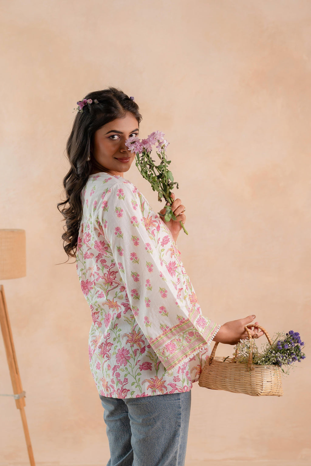 Juniper Off-White & Pink Floral Printed Gathered Ethnic Tunic with Lace Yoke | Grocsy