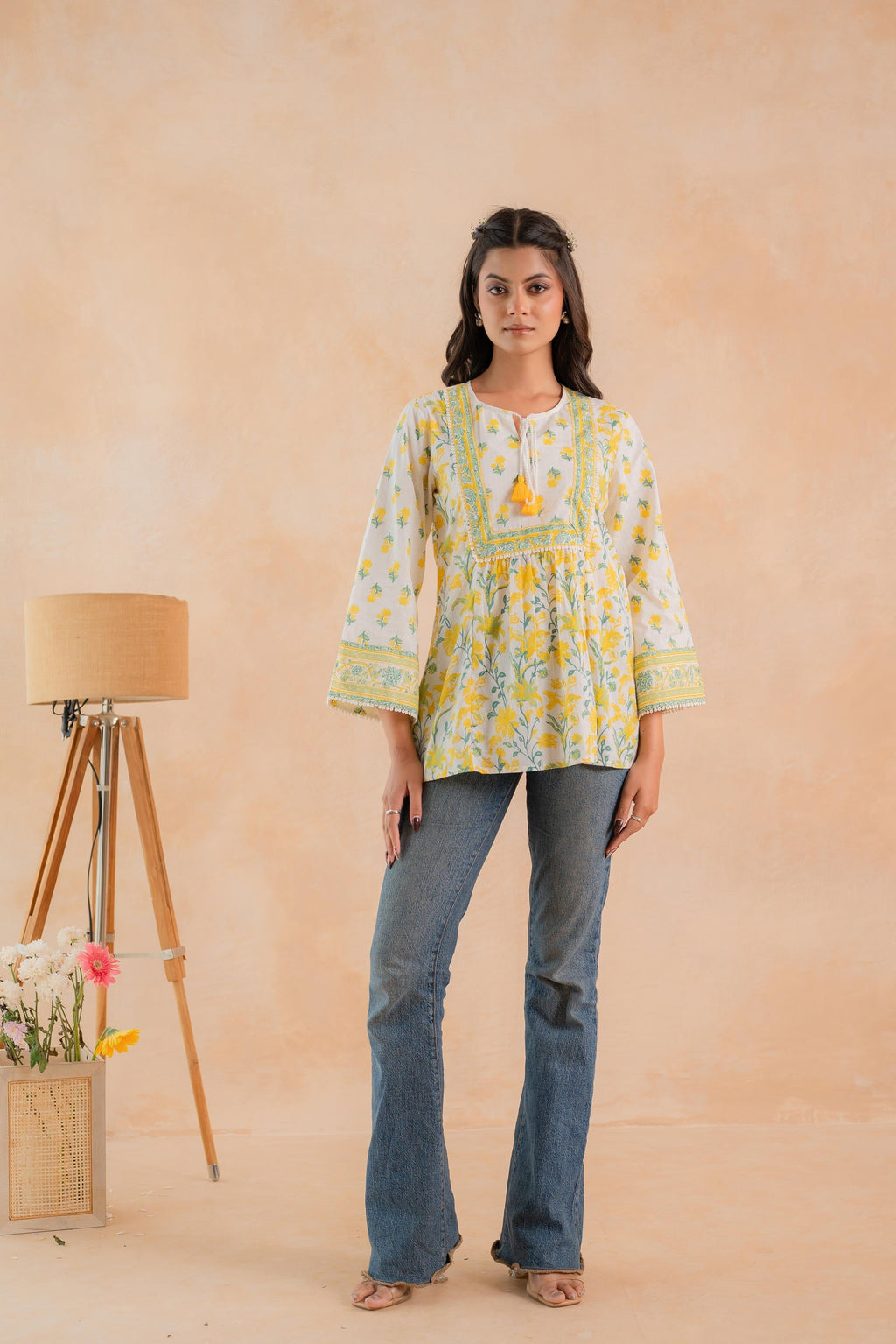 Juniper Off-White & Yellow Floral Printed Gathered Ethnic Tunic with Lace Yoke | Grocsy