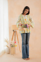 Juniper Off-White & Yellow Floral Printed Gathered Ethnic Tunic with Lace Yoke | Grocsy