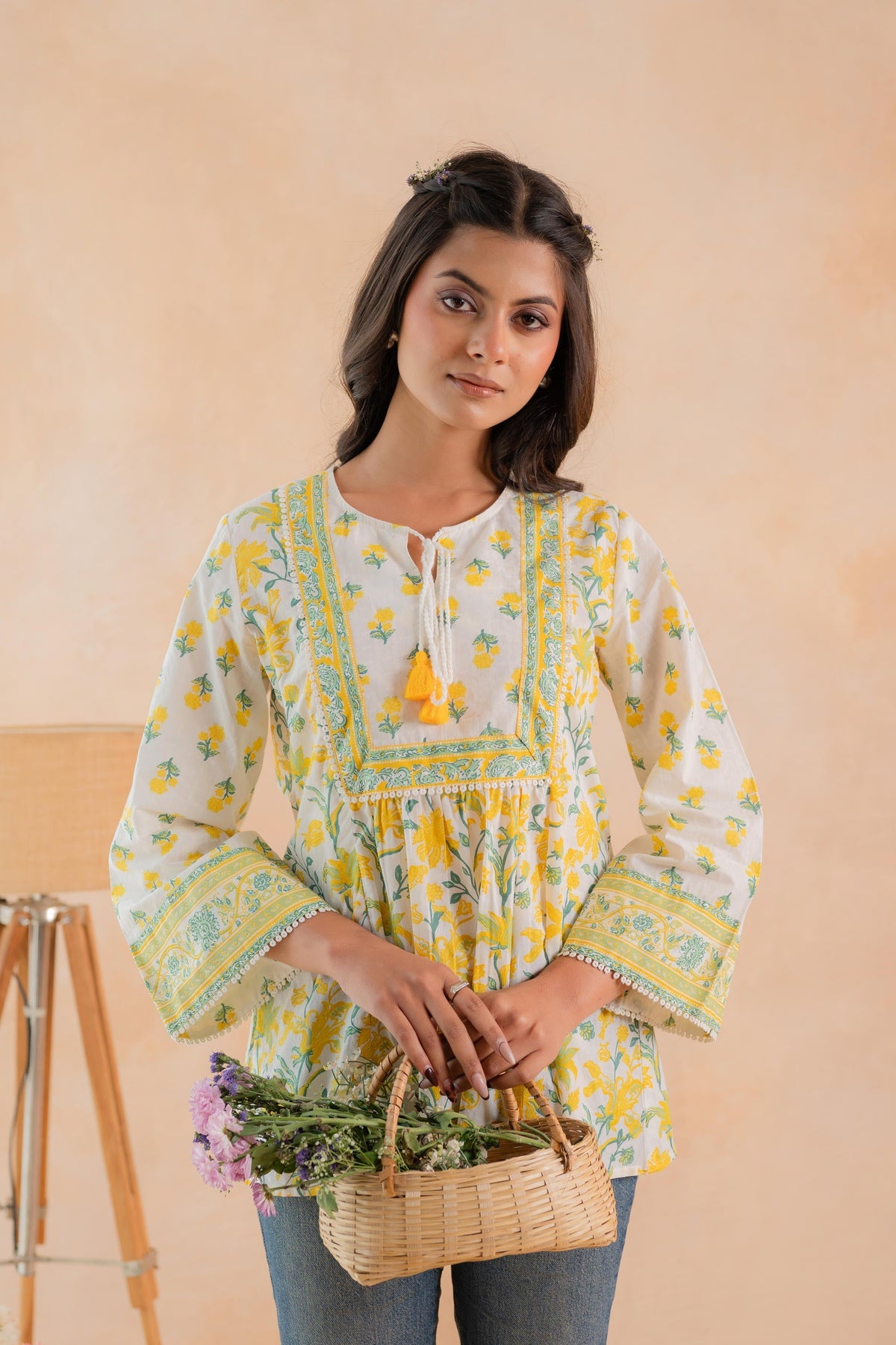 Juniper Off-White & Yellow Floral Printed Gathered Ethnic Tunic with Lace Yoke | Grocsy