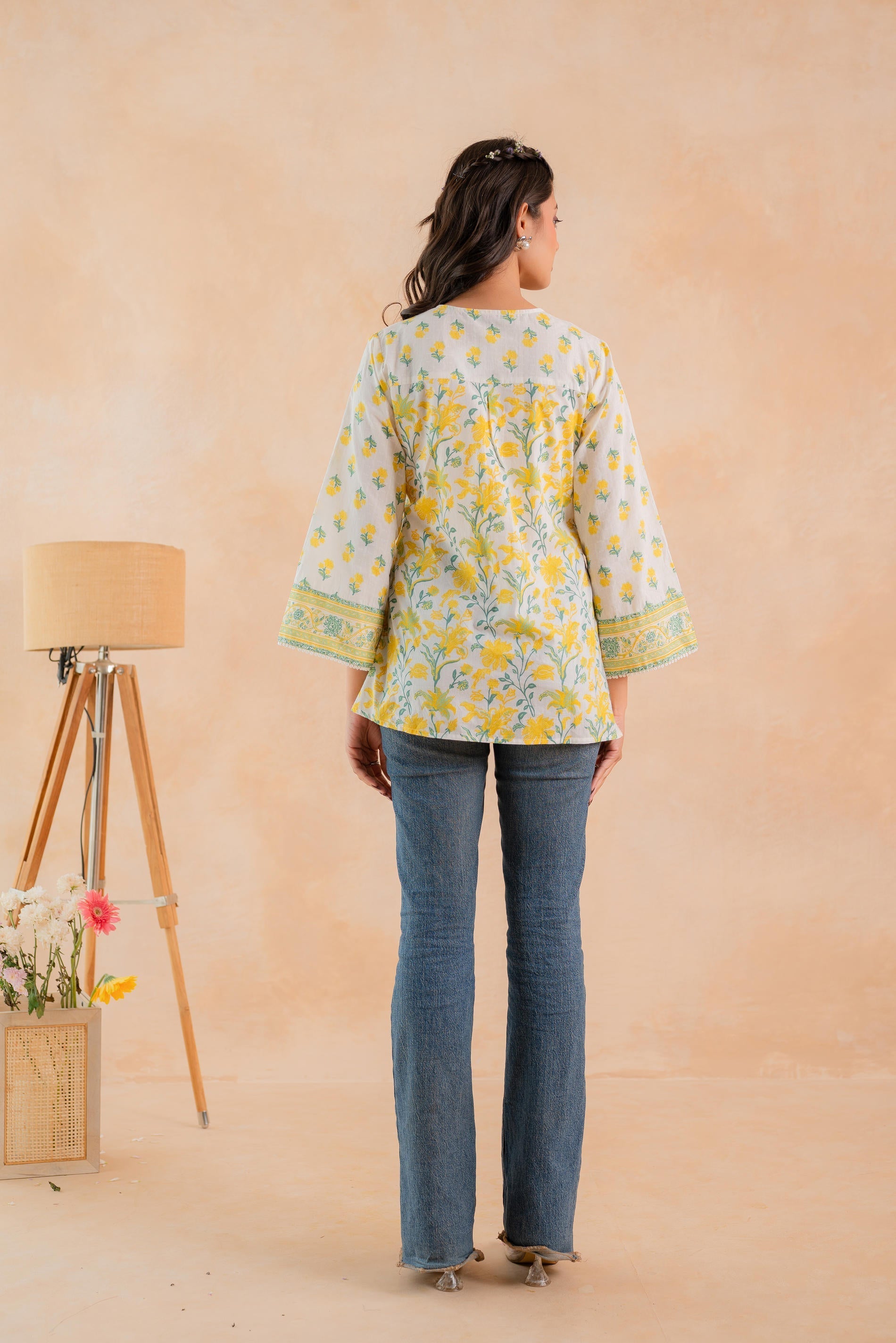 Juniper Off-White & Yellow Floral Printed Gathered Ethnic Tunic with Lace Yoke | Grocsy