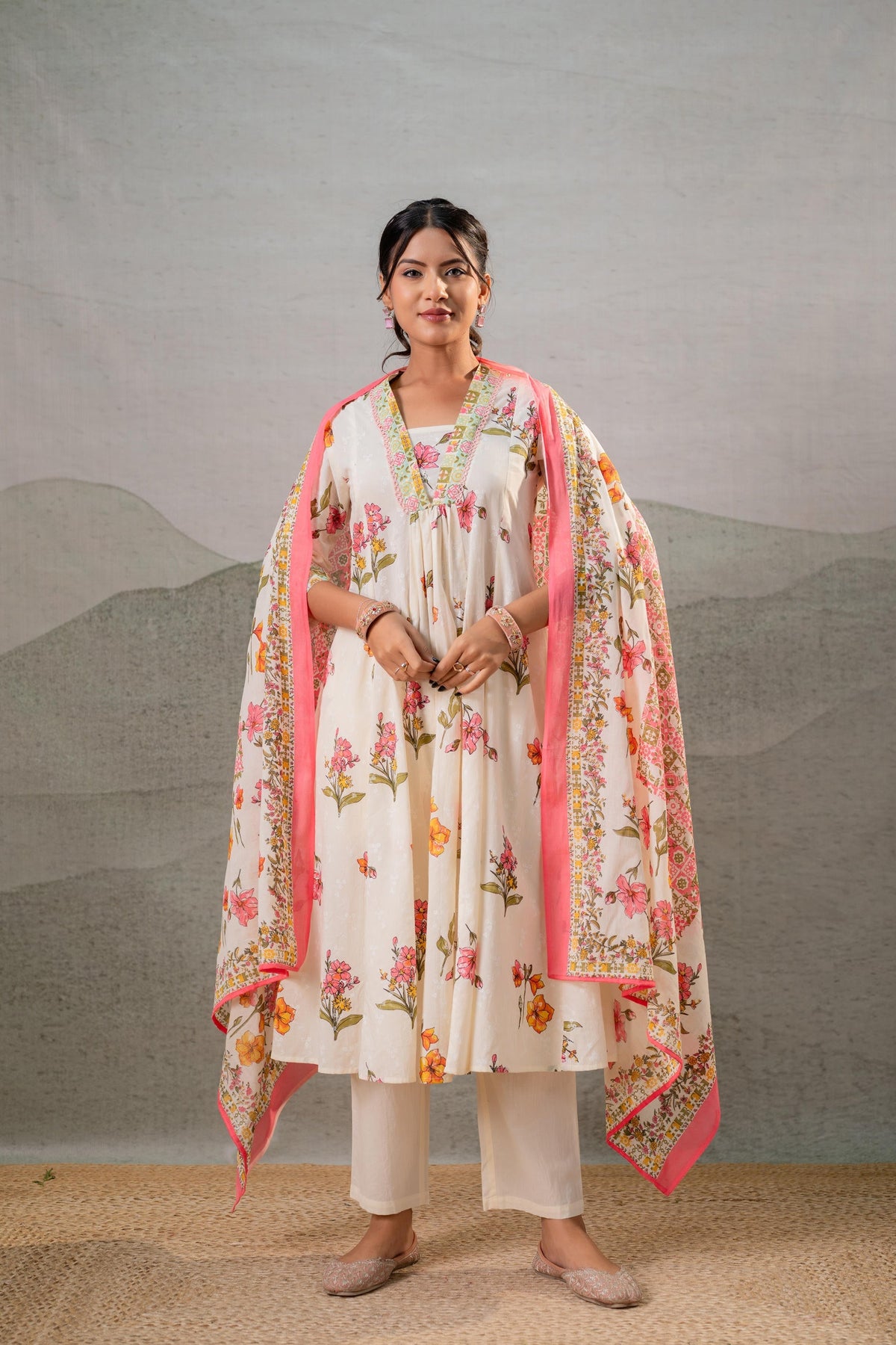 Juniper Bloom Veil Floral Anarkali Kurta Pant And Dupatta Set | Grocsy