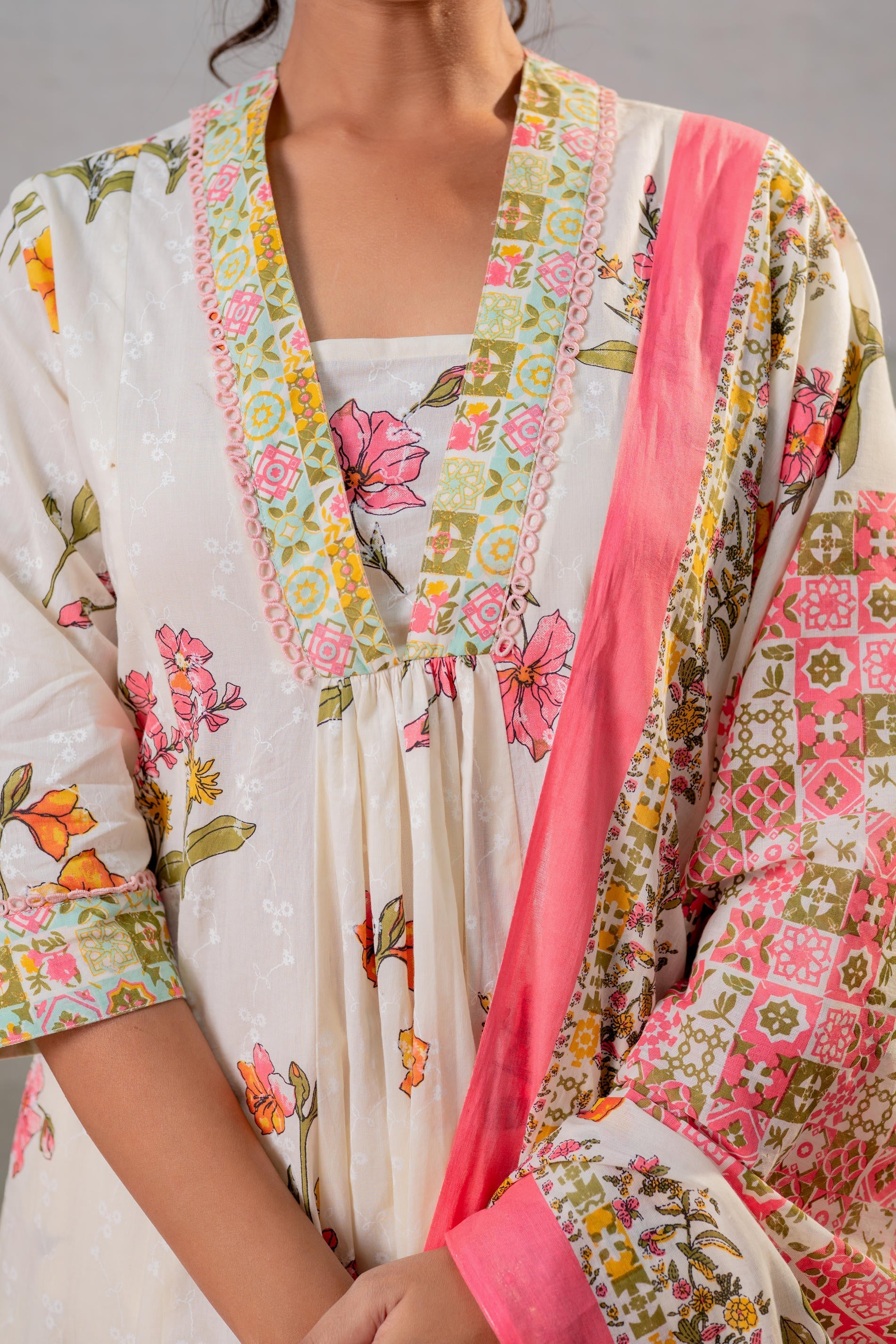 Juniper Bloom Veil Floral Anarkali Kurta Pant And Dupatta Set | Grocsy